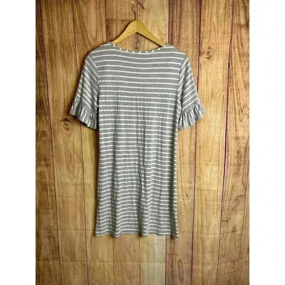 Beyove Stripe Gray and White Ruffle Sleeve Jersey Knit Dress Women's Size S - Picture 6 of 9